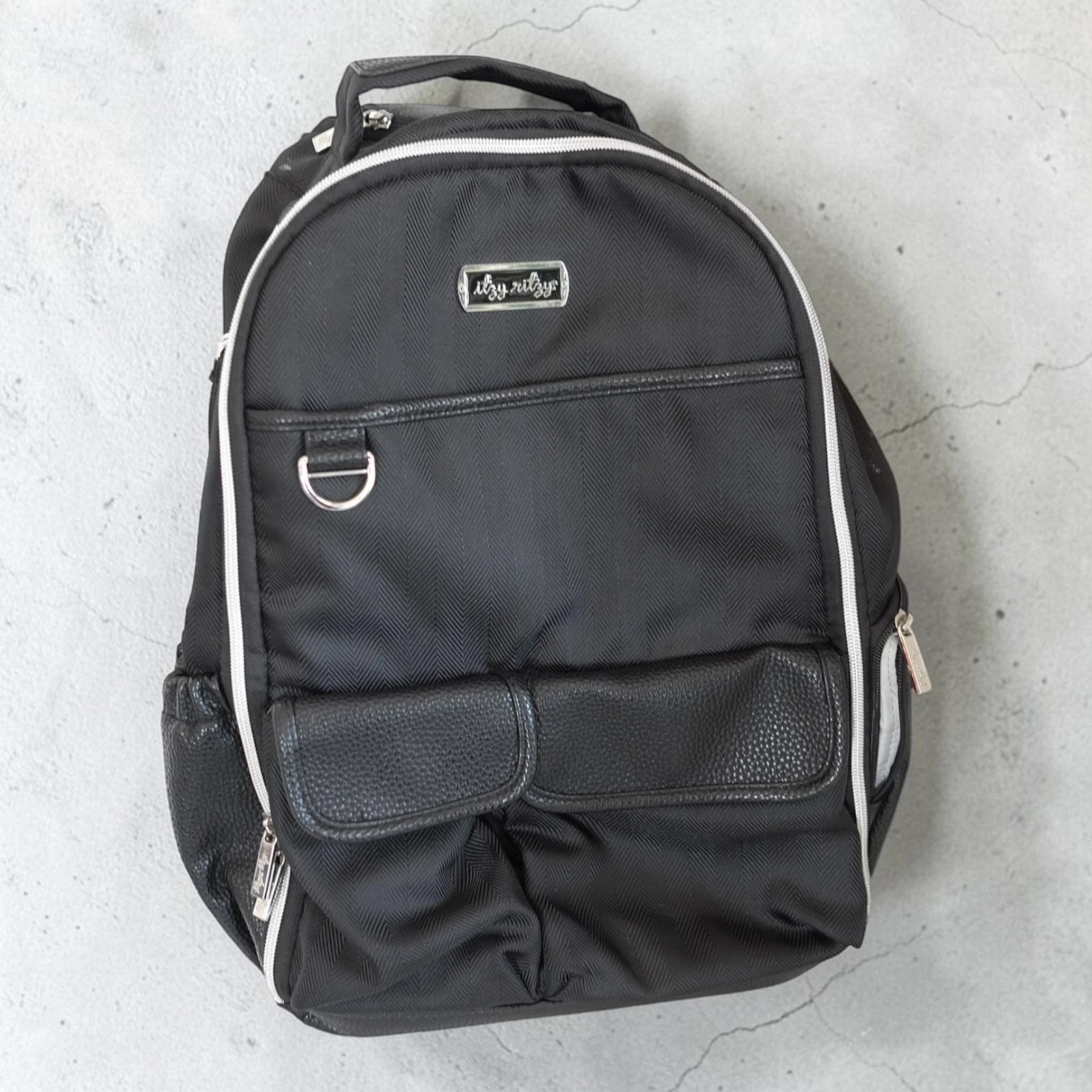 Itzy Ritzy Boss Backpack Diaper Bag Black Herringbone 19x12x7 w/ Changing Pad