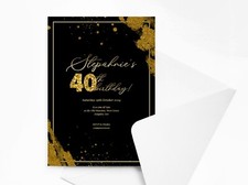 Personalised Black and Gold Birthday Party Invitations with Envelopes