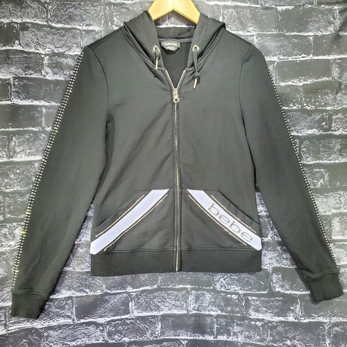 Bebe Zip Up Hoodie Womens Medium Black Purple Rhinestones Rare Vintage Hooded - Picture 7 of 13