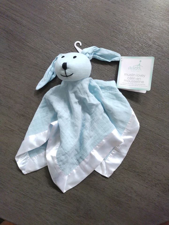 Manta de seguridad Aden + Anais Bunny Rabbit Muselina Lovey ribete satinado azul cielo nueva Foto 2 de 4