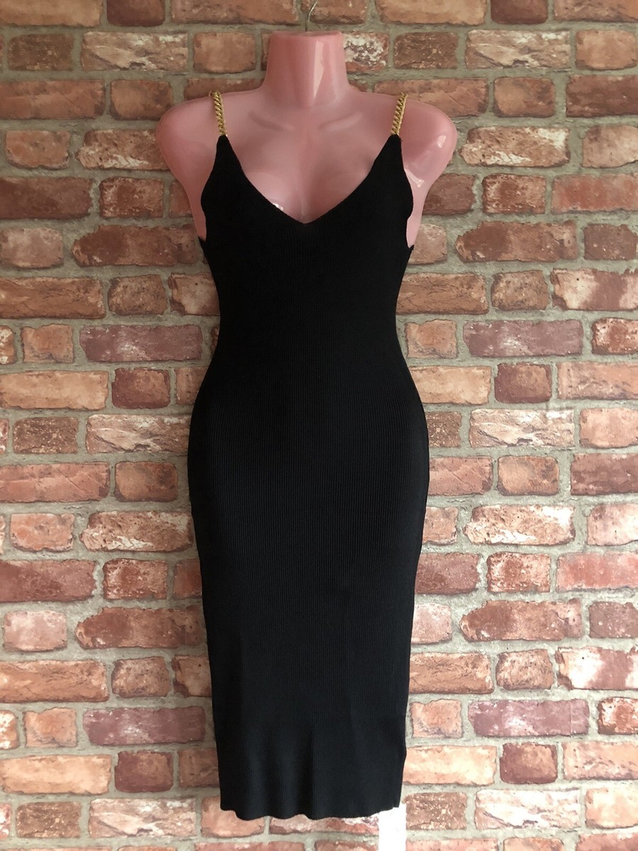 Womens Gold Chain Strap Black Fitted Pencil Bodycon Dress LBD