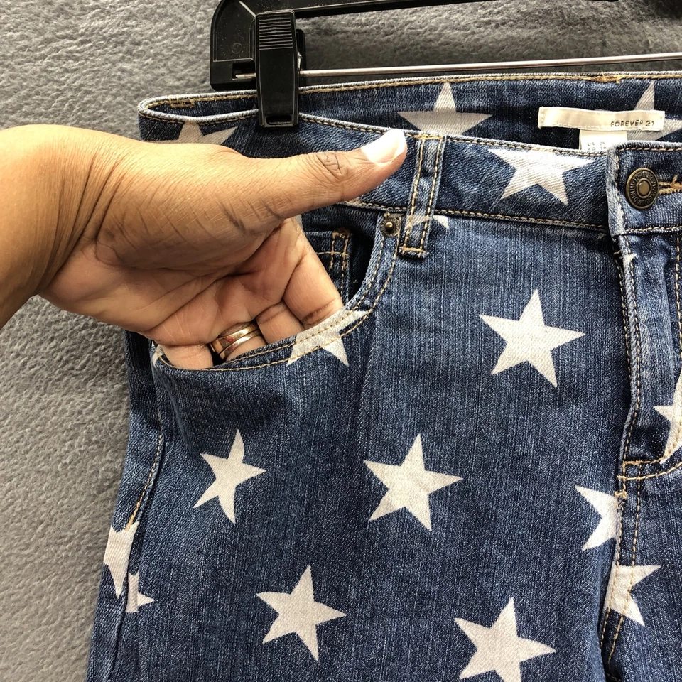 Forever21 Womens Denim Jeans Size 29 Blue White Stars Patriotic Holiday - Image 3 of 4