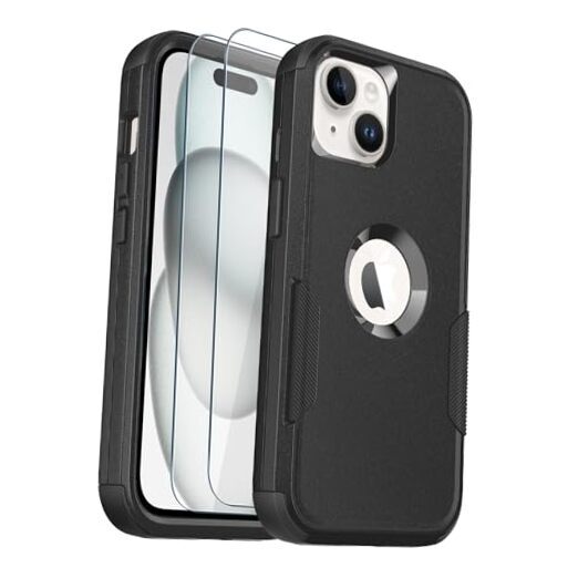 for iPhone 15 Case, [2+Tempered Glass Screen Protector] [10 FT 15 6.1IN Black-image