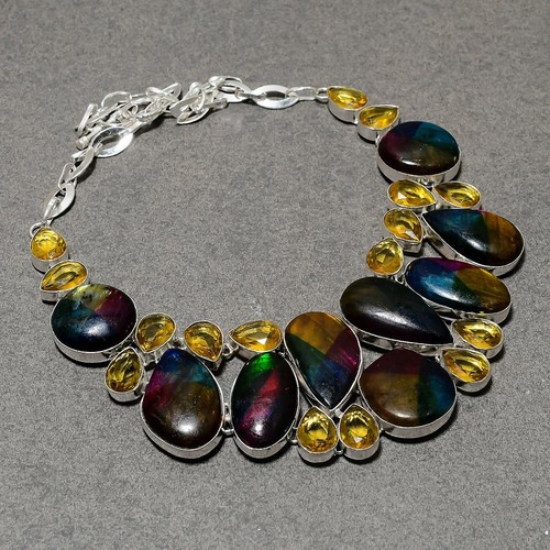 Collier Ethnique Fait Main Opale Laiteuse - Chaîne 36 Pouces Plaqué Argent, Provenance Inde