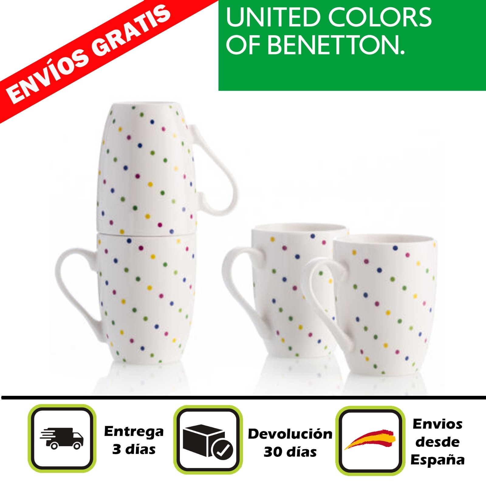 Tazas Set 4 Tazas 360Ml Porcelana New Bone China Addige - Benetton En Oferta Set 4P Mugs 11Cm 360Ml New Bone China Diseño Puntos De Colores Benetton
