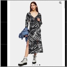 Topshop Women's Midi Dress Size 2 Black White Animal Print Ruched Sleeve NEW