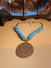 CHARMING CHARLIE Faux Turquoise Bead & Dimple Disc Necklace Curb Chain FREE $HIP