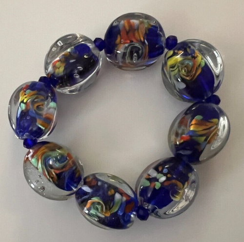 Vtg Murano Glass Bead Stretch Bracelet Blue Chunky Candy Wrapped Art Glass Italy - Picture 2 of 9