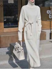 Dresse Turtleneck Pocket Knitted Sweater Long Dresses Woman Clothing