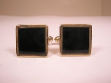 Black Stone Cabochon  Gold Tone Vintage SWANK Cuff Links simple plain