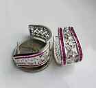 Huggie Earrings 14k White Gold Plated Ruby Sapphire Flower Leaf 3/4 in Stud