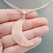 Crescent Moon Necklace Marbled blush Pink  24" Long chain celestial silver tone