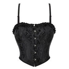 Ladies Black Satin Vintage Style Floral Corset Basque Top Cincher Size UK 18