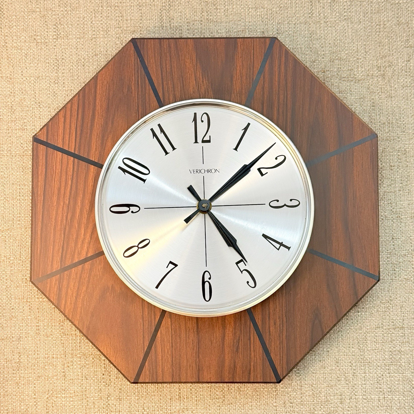 VTG Verichron MCM Wall Clock Battery-Operated Octagonal Dark Wood Retro Works!