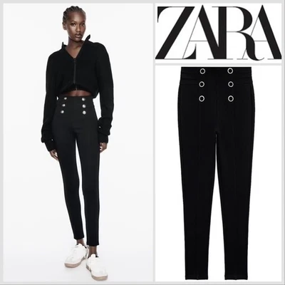 ZARA Black Hi-Rise Ponte Leggings Diamante Buttons Size L Pull On Elastic Waist - Image 1 of 4