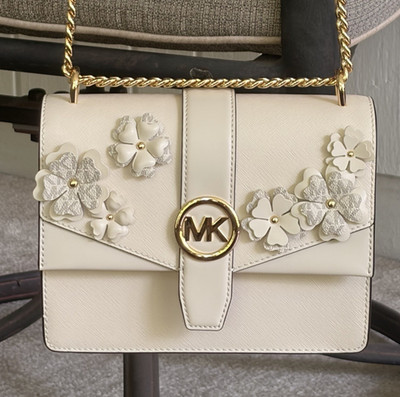 MICHAEL KORS GREENWICH SMALL FLAP CROSSBODY MK CHAIN BAG FLORAL LIGHT CREAM GOLD