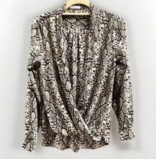 Anthropologie Pleione Animal Print Crossover Blouse Top Roll Tab Sleeve Small