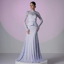 Mermaid Prom Dress Round Neck Long Sleeves Back Zipper Sweep Train Party Gown