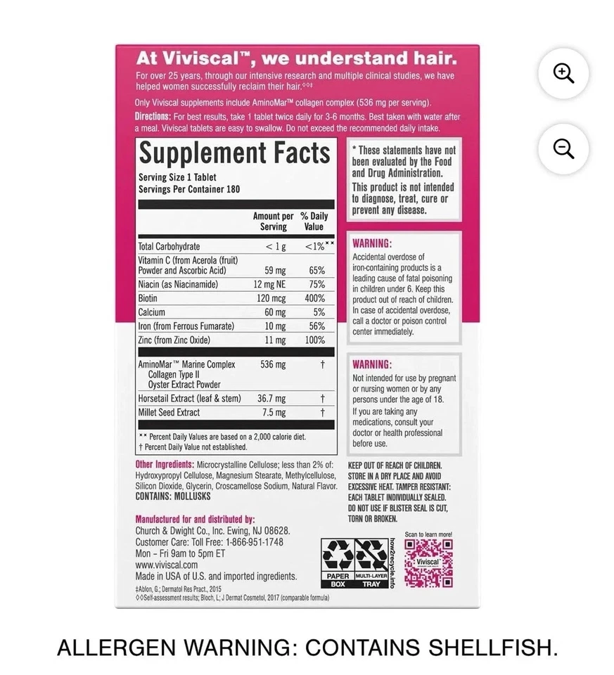 Viviscal Hair Growth Dietary Supplement with Collagen Complex 180 Tablets - Image 2 of 4