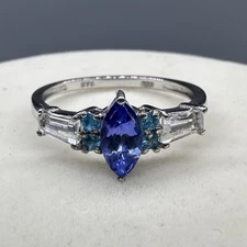 Vtg Sterling Silver Blue Purple Marquise Gemstone Ring CZ Accents Size 8 NOS