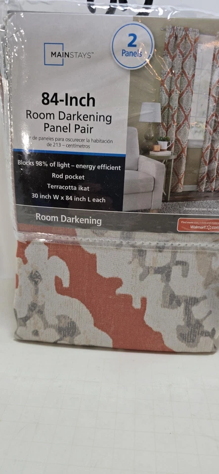 2 Pares Paneles de Oscurecimiento de Habitación Varilla Cortinas de Bolsillo Terracota Patrón Ikat Foto 3 de 4
