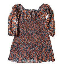 Blush Floral Smocked Dress Blue Orange Puff Sleeve Boho Women's L