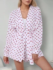 Women's Heart Print Lounge Set With Open Front Shirt, Tie Waist Shorts, And Matc