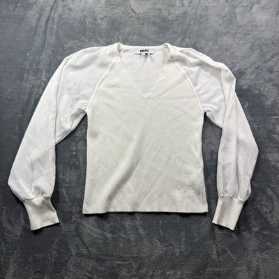 DKNY Women s White Rib Knit Sweater Sheer Satin Puff Sleeve V-Neck Size Large