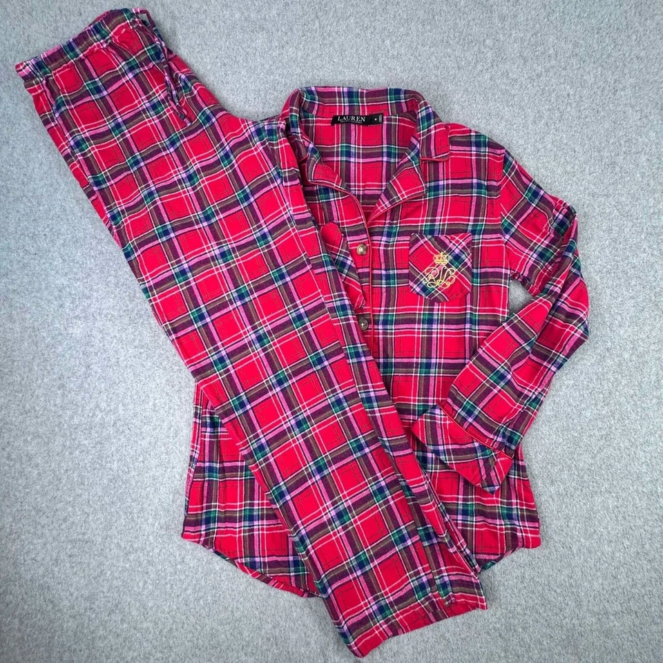 Lauren Ralph Lauren Black Label Plaid Embroidered Crest Sleep Set Size M Leopard - Image 2 of 4