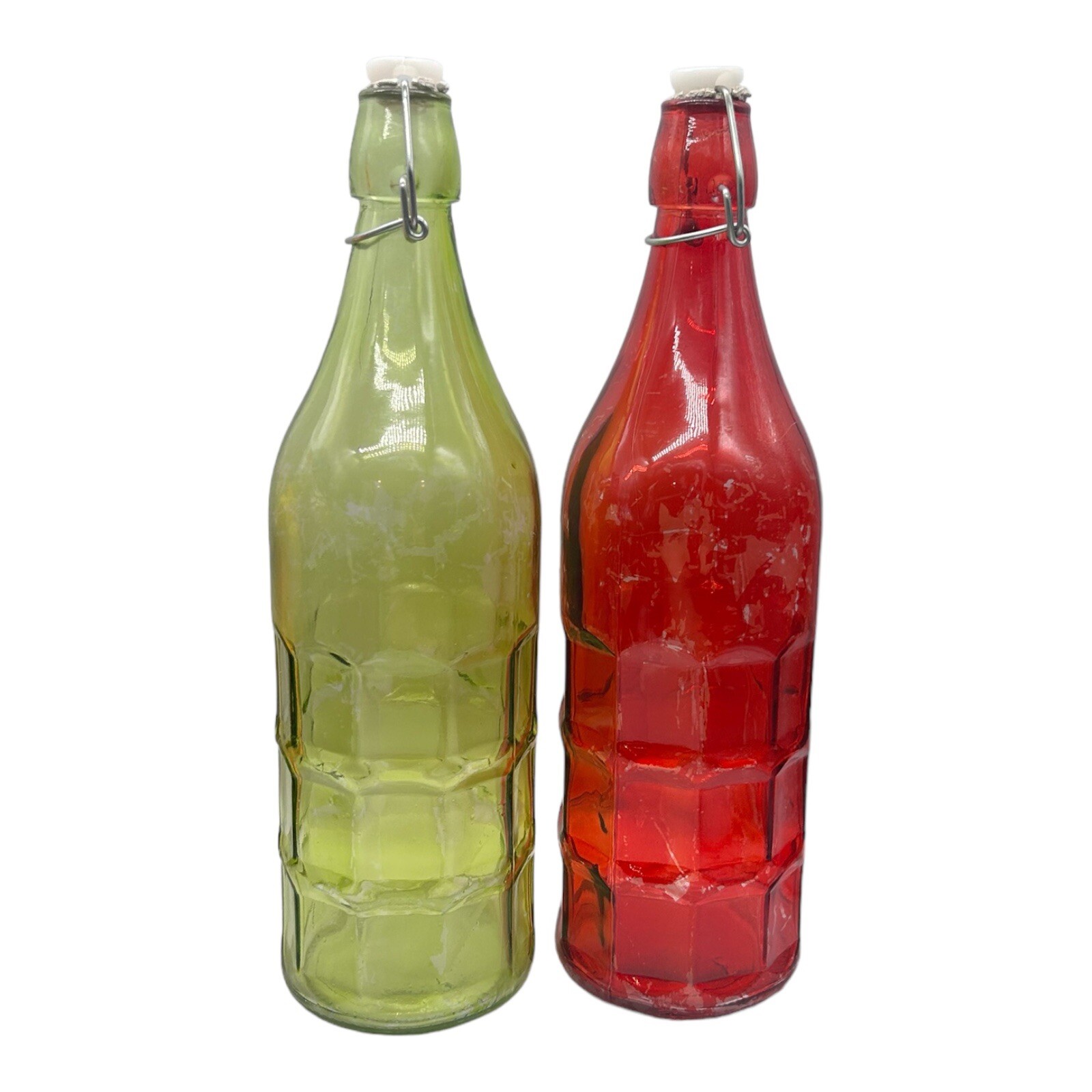 Set of 2 Vintage Glass Decorative Bottle Red & Green Raised Square Design 12"