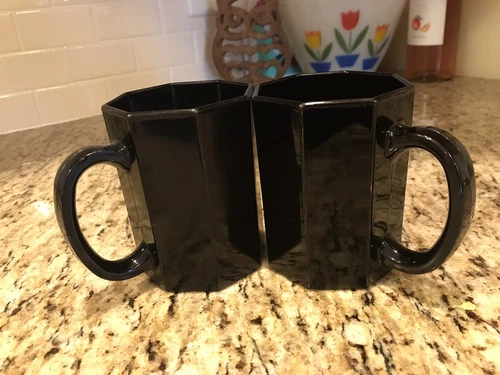 Vintage Arcoroc France Octagon Black Milk  Glass Coffee Mug/Tea Cup  Set of 2
