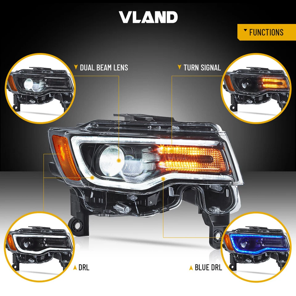 VLAND LED Projector Headlights Fit Jeep Grand Cherokee 2014-2021 2022 W/Blue DRL - Image 2 of 4