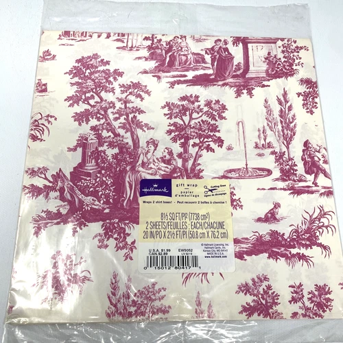 Vintage Hallmark Pink Toile All Occasion Gift Wrap NIP 8 1/3 Sq. Ft.