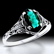 ART DECO STYLE MARQUISE 925 STERLING SILVER SIMULATED EMERALD RING      788