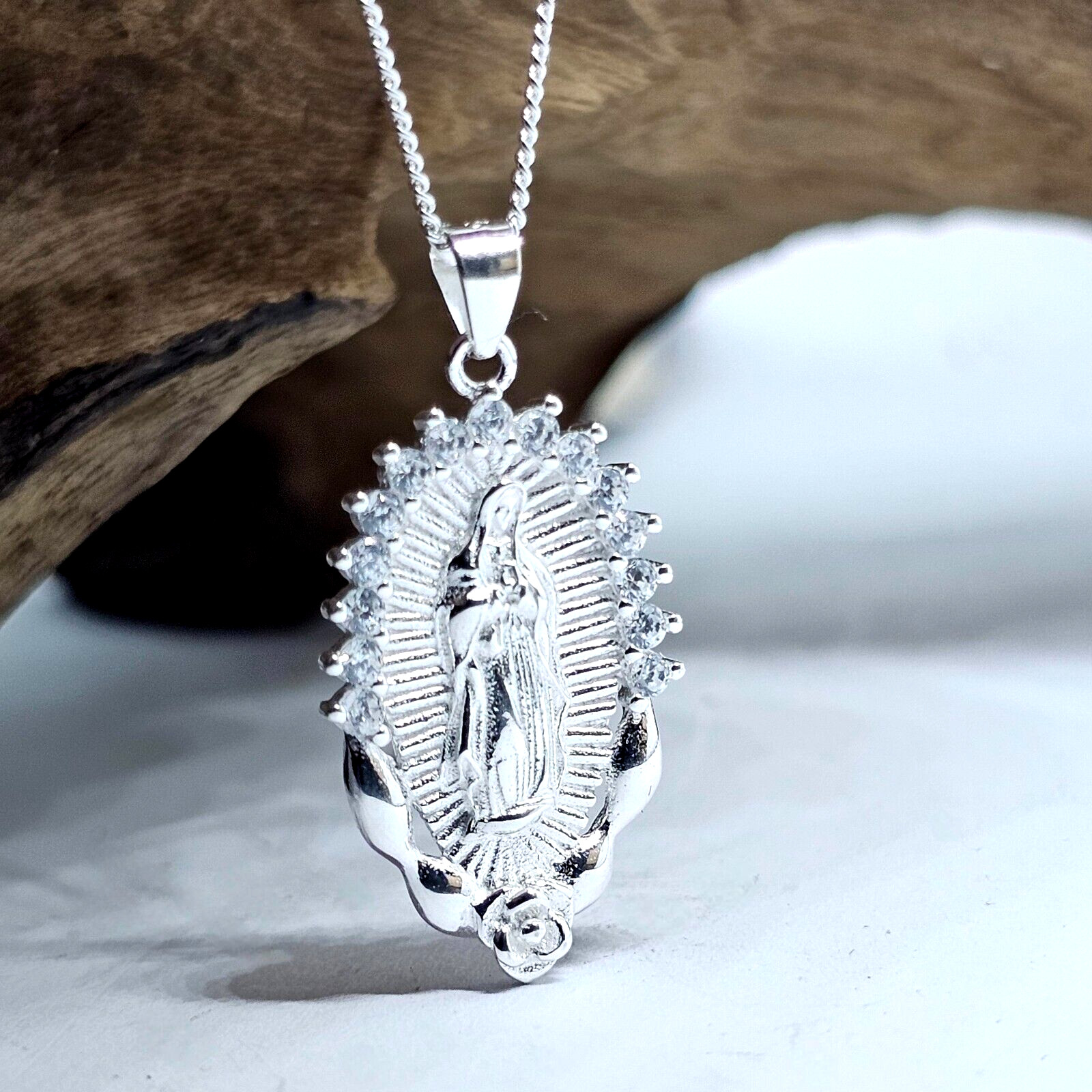 Madonna Virgin Mary Pendant Necklace Gemstones 925 Silver Jewellery And Boxed