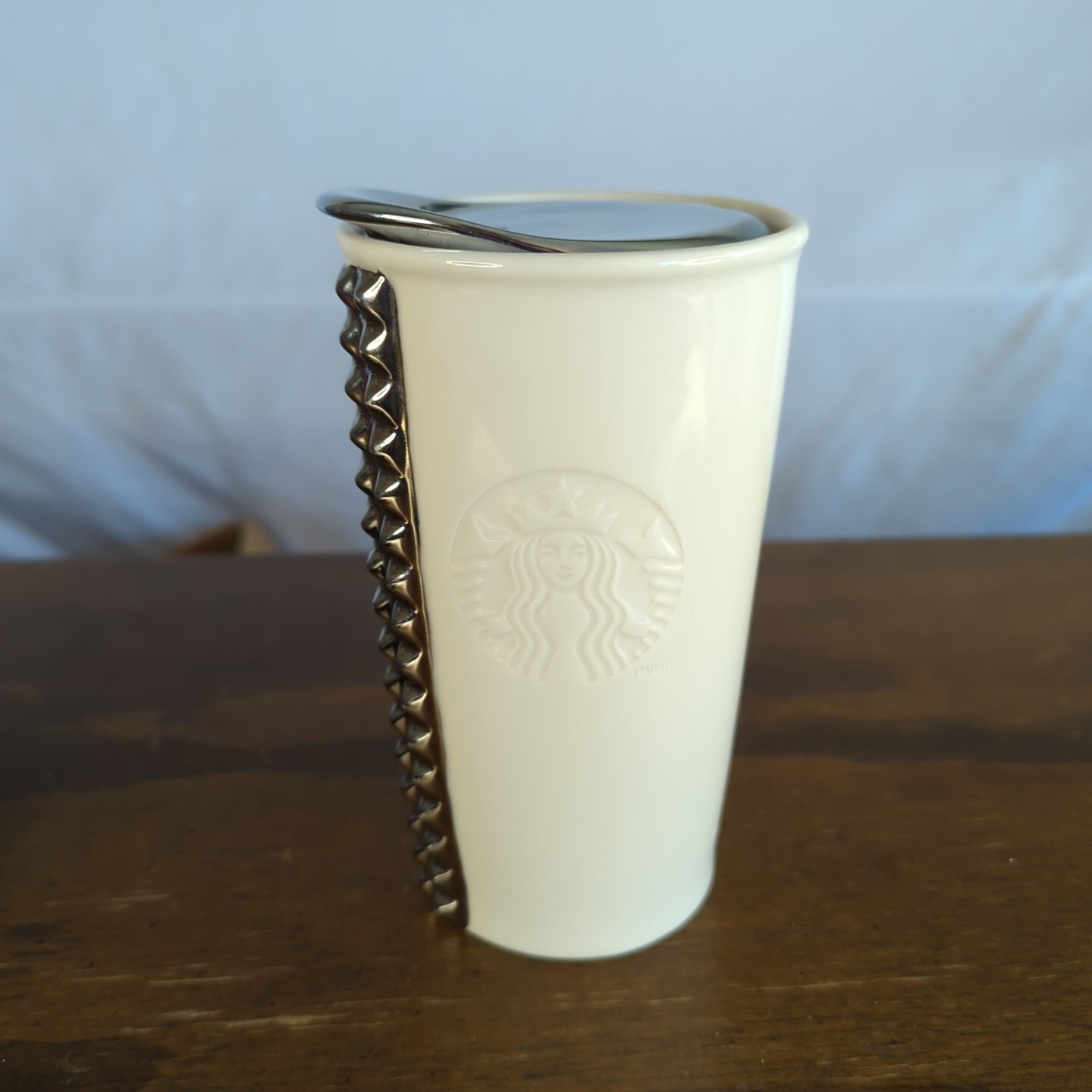 Starbucks 2014 White Chrome Studs 10oz Ceramic Coffee Mug
