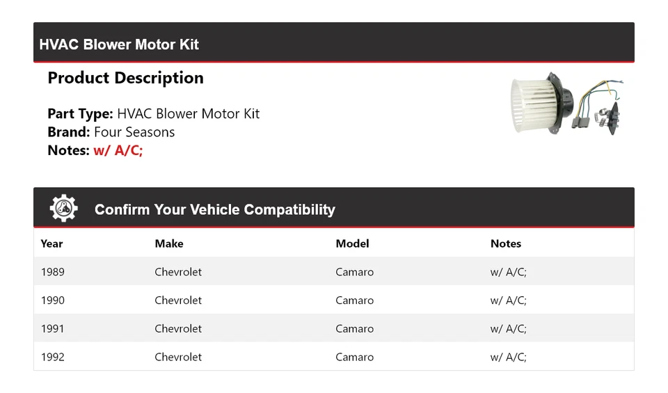 Комплект двигателя вентилятора для Chevrolet Camaro 1989-1992 годов выпуска 4 сезона 1990 1991 - Изображение 2 из 4