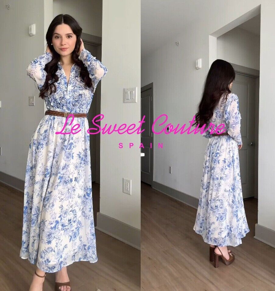 ZARA WOMAN NWT SS24 BELTED DRESS WITH PRINT AND RUFFLES BLUE ZARA WOMAN NWT SS24 BELTED DRESS WITH PRINT AND RUFFLES BLUE
