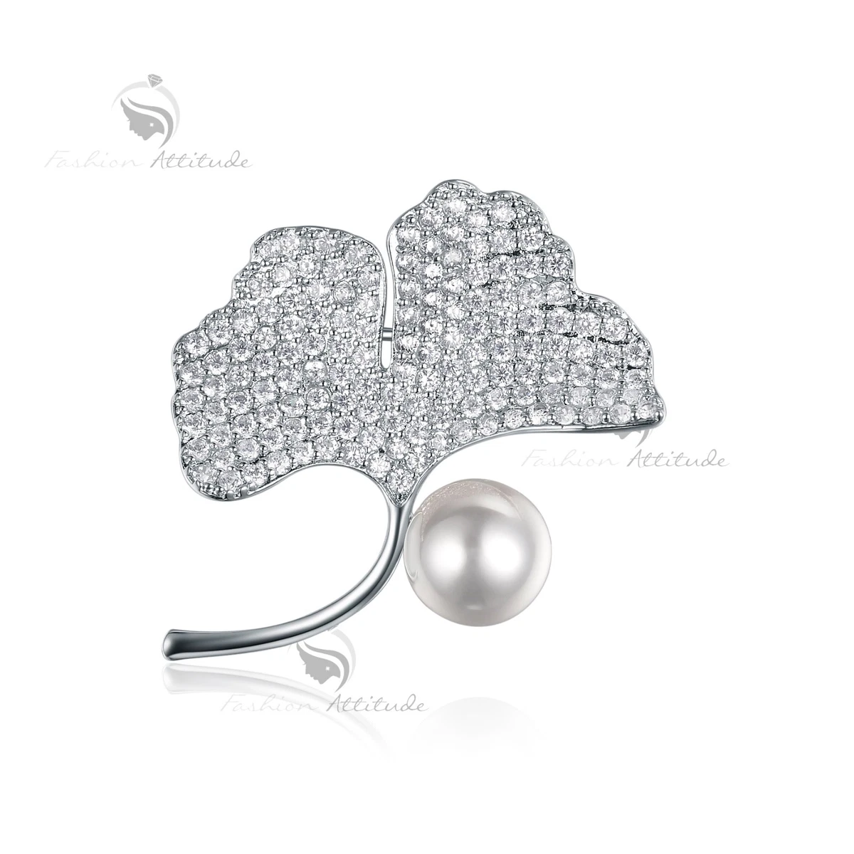 18K WHITE GOLD GP MADE WITH SWAROVSKI CZ GINKGO LEAF PEARL BROOCH