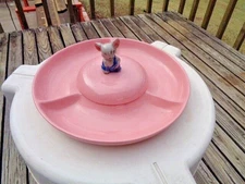 VINTAGE PINK CERAMIC RELISH TRAY WITH MOUSE HANDLE LID