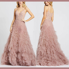 NWT $998 Mac Duggal [ 2 ] Spaghetti Strap V Neck Tulle Ball Gown Pink #G1817