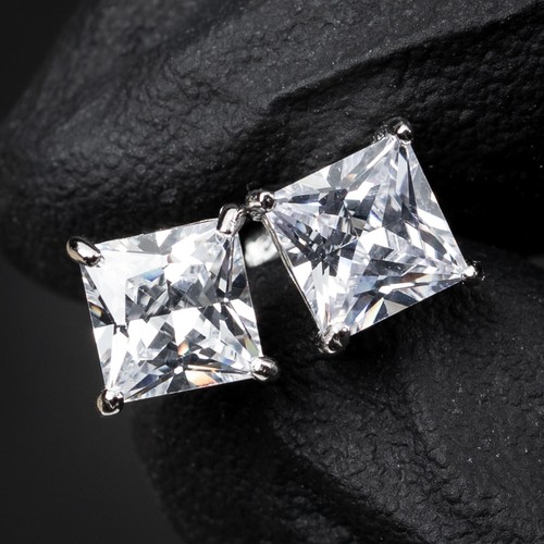 Square Princess Cut Sterling Silver 6mm Unisex Small Screw Back Stud Earrings - Picture 3 of 5