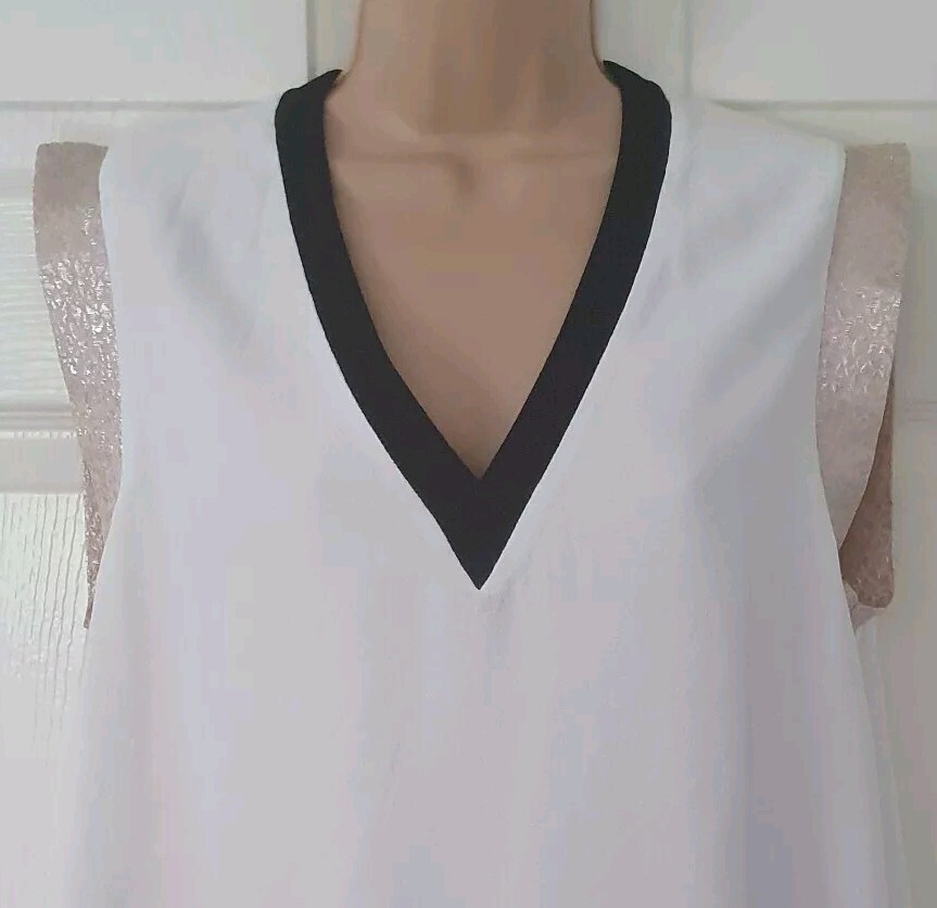 Maje Top Layered Beige Cream Black V Neck Size 2 UK 8 - 10 P2P 17" Summer 