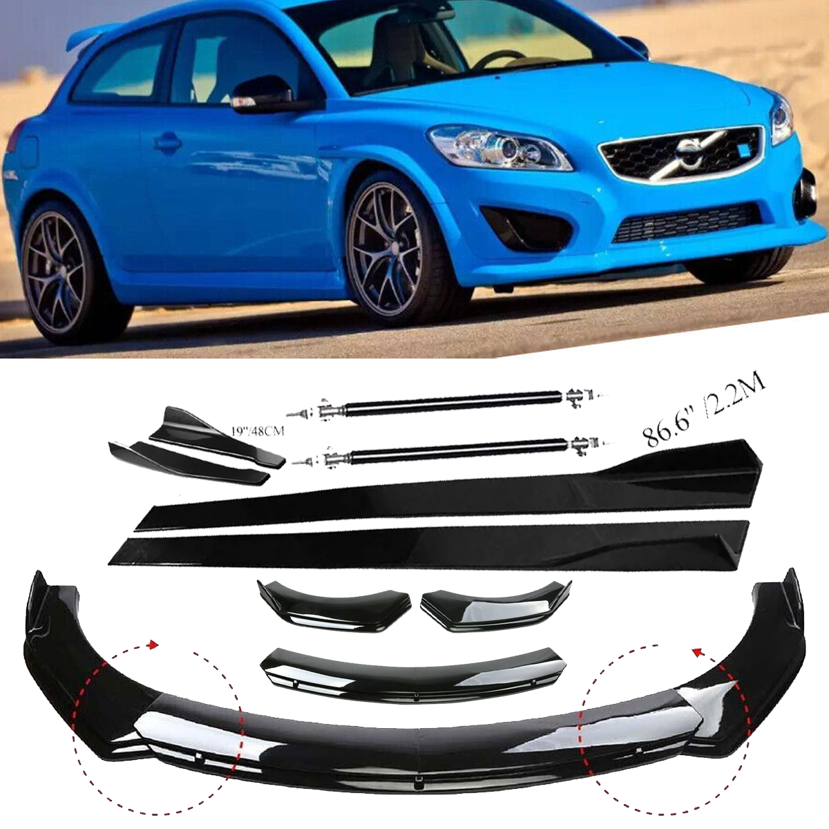 For Volvo C30 C40 C70 Front Bumper Lip Spoiler Splitter Body Kit+Side Skirt