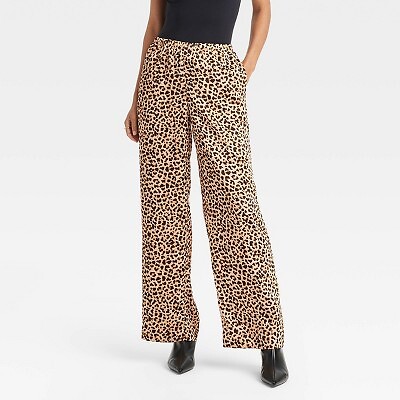 Women's Mid-Rise Straight Leg Satin Pull-On Pants - A New Day Leopard Print M