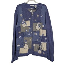Croft  Barrow Snowman Cardigan Womens Size XL Blue Embroidered Full Zip Sweater