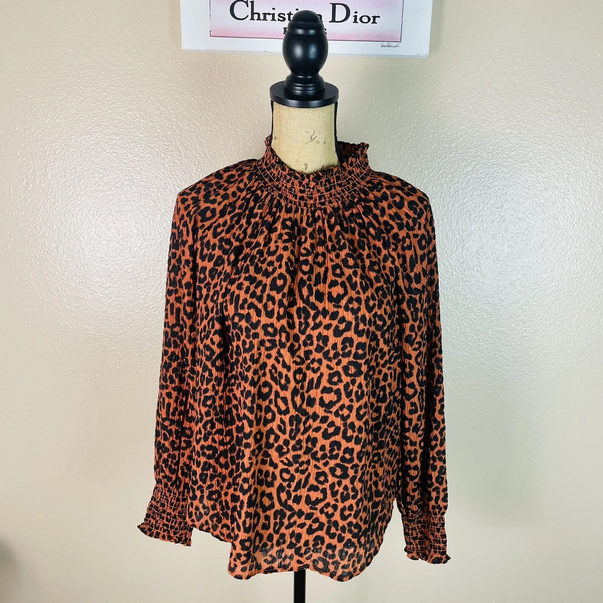 Loft Leopard Print Ruffle Smocked Long Sleeve Blouse Blush M P