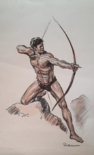 Rara Grande Incisione Firmata Paul Ordner Archer Nudo Maschile Tiro Con L'Arco