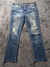 Rock Revival Ferry Mid Rise Straight Leg Raw Hem Womens Jeans Size 29 Distressed