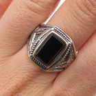 925 Sterling Silver Vintage Real Black Onyx Eagle Bird Oxidized Ring Size 9.75